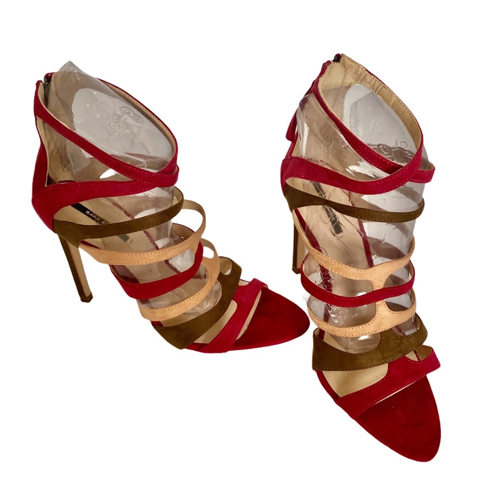 ZARA Cranberry & Green Suede Strappy Sandals